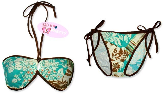 New Brown Green Tropical String Bandeau Bikini Top & Matching Tie Sides Bottom