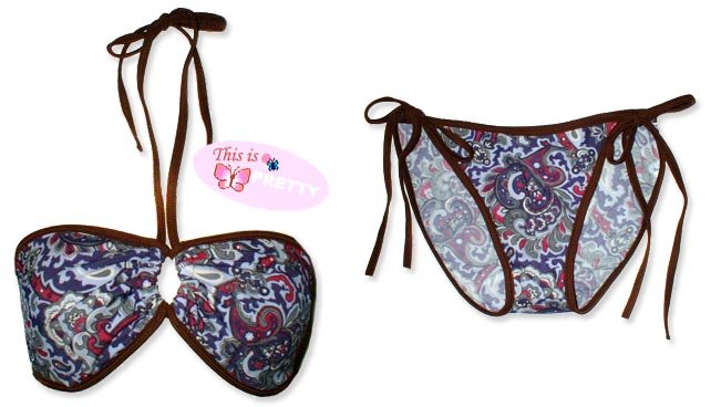 New Brown Purple Paisley String Bandeau Bikini Top & Matching Tie Sides Bottom