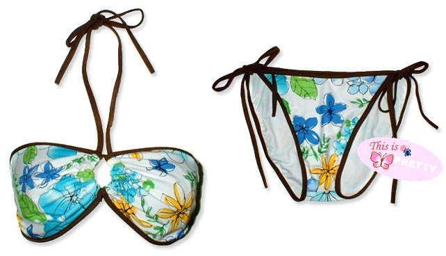 New Brown Blue Tropical String Bandeau Bikini Top & Matching Tie Sides Bottom