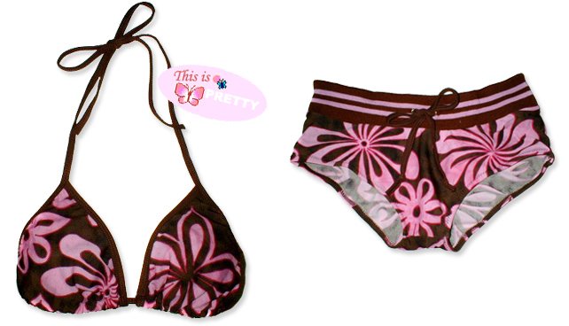 New Sporty Brown Pink Tropical String Bikini Top & Matching Ribbon Boyshort