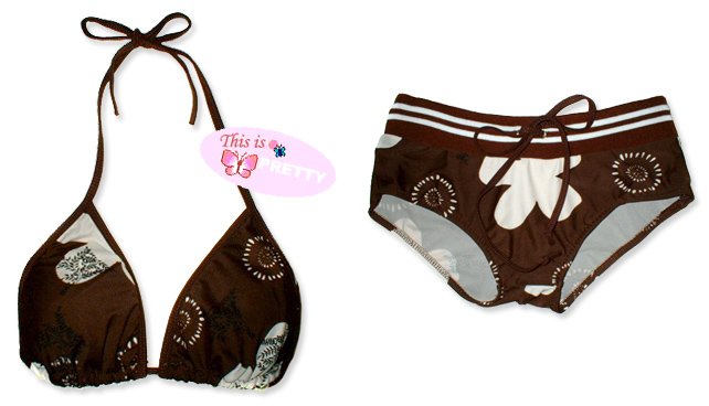 New Sporty Brown White Tropical String Bikini Top & Matching Ribbon Boyshort