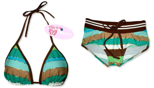 New Sporty Brown Gold Stripes String Bikini Top & Matching Ribbon Boyshort