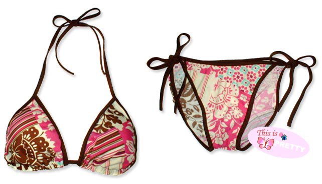 New Brown Pink-Yellow Tropical String Bikini Top & Matching Tie Sides Bottom