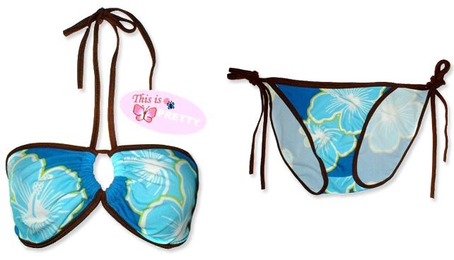 New Brown Blue Tropical String Bandeau Bikini Top & Matching Tie Sides Bottom