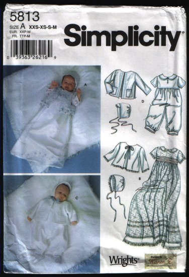 Simplicity 5813 Baptismal Christening Gown Slip Romper Jacket Bonnet NB-12 Mos Cut Complete