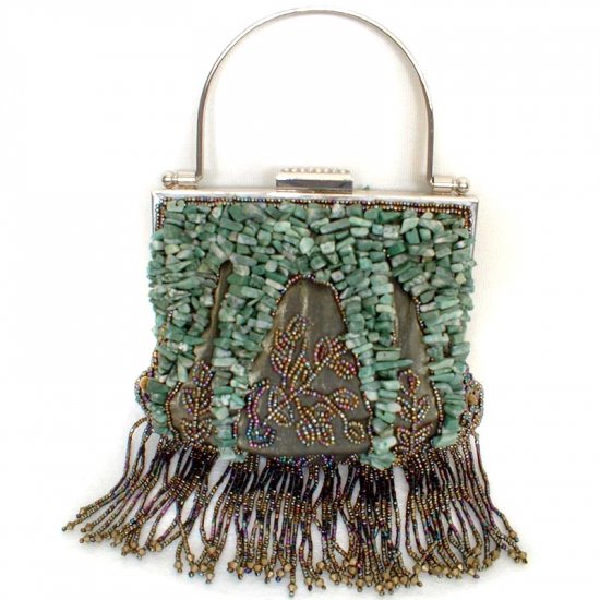 Green Jade Stone Beaded Silk Evening Bag