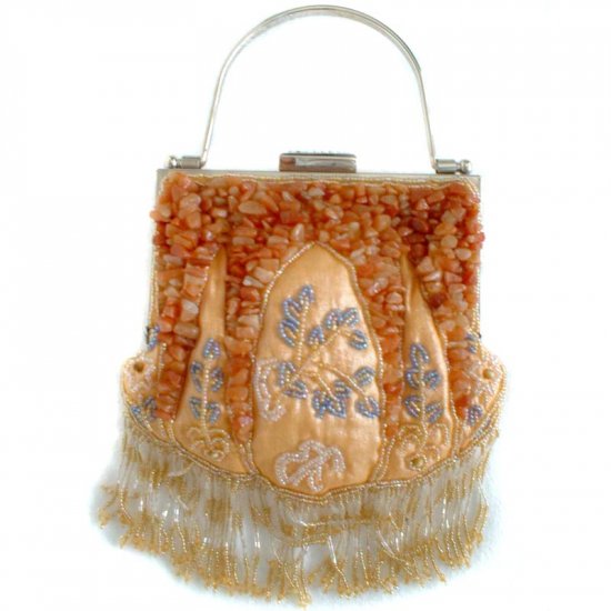 Orange Citrine Stone Beaded Silk Evening Bag