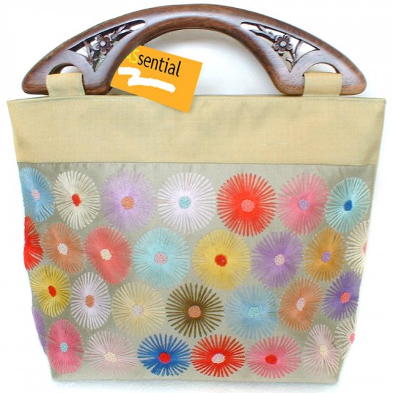 Green Silk Flower Embroidered Handbag With Wooden Handles