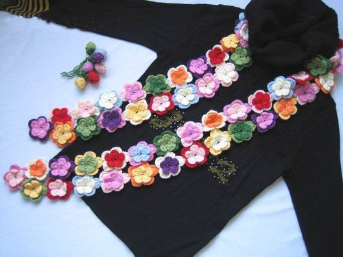Hand-crochetted multi-colour peach blossom flowers scarf