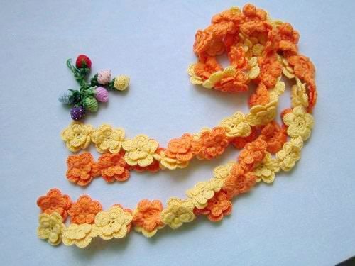 Hand-crochetted yellow and orange peachblossom flowers scarf