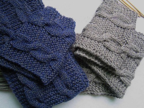 Hand-knitted pair blue and grey long scarves