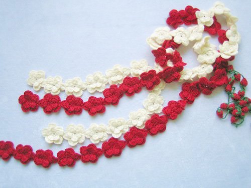 Hand-crochetted white and red peachblossom flowers scarf