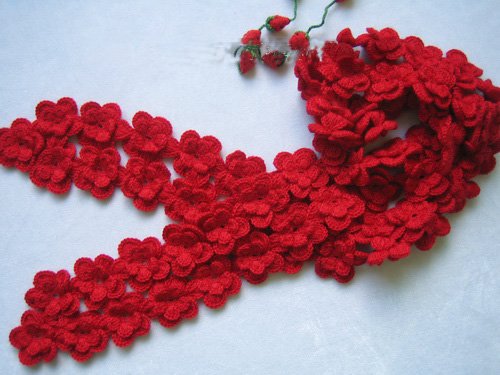 Hand-crochetted red peachblossom flowers scarf