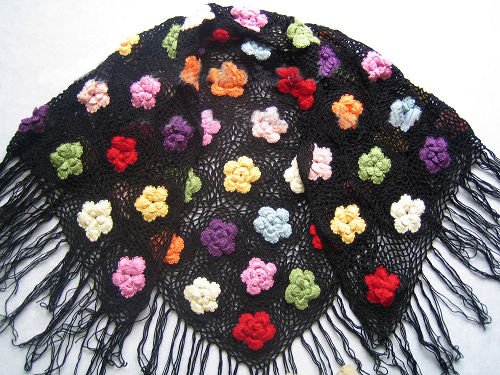 Hand-crochetted black scarf with multi-colour flowers