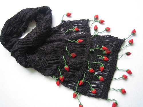 Hand-crochetted black long scarf with lovly red strawberry