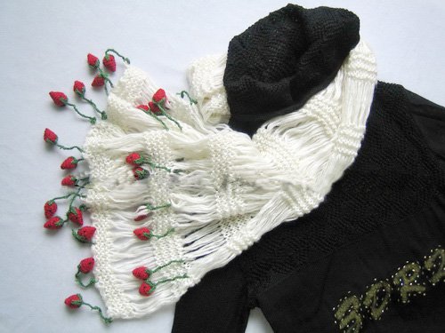 Hand-crochetted white long scarf with lovly red strawberry