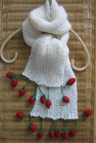 Hand-knitted white long scarf with amazing red strawberry