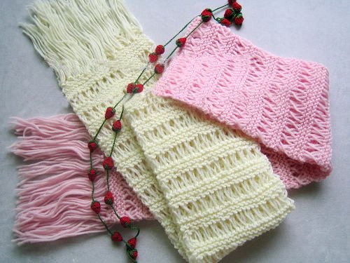 Hand-knitted beautiful pair pink and cream white long scarf