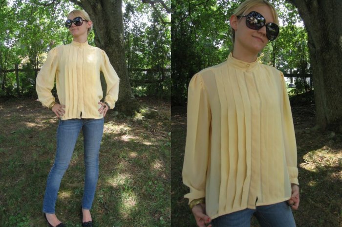 VtG Secretary Blouse SHeeR TUXEDO pleat HIGH NeCK S M