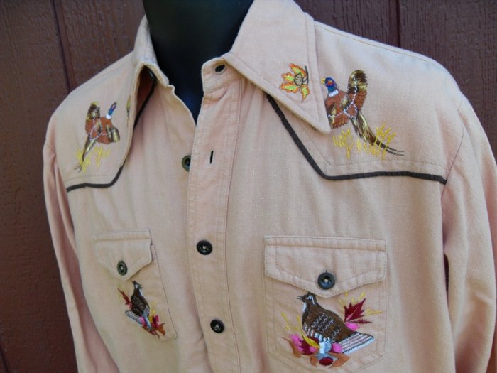 ~ Vtg 70s Western PHEASANT Embroidered Cowboy SHirt S/M
