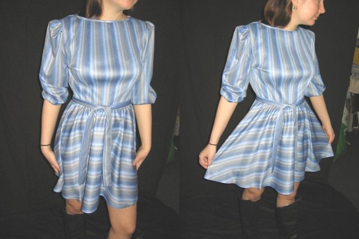 Vtg MiNi DReSS STRIPE MICRO PLEAT MoD FLaRy GiRLy grey blue S M free s/h *
