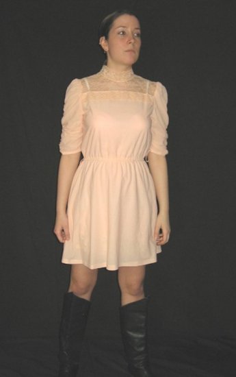 vtg 70s disco era Peach VICTORIAN HIGH NECK LACE TRiM MINI dress japan lolita XS FREE SHIPPING *