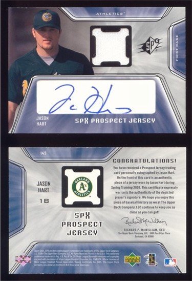 2001 SPx Jersey Prospects # 149 JASON HART Auto RC Rookie