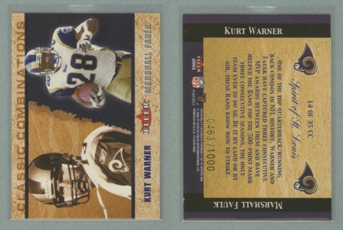 2002 Fleer Tradition Classic Combinations Hobby # 14 KURT WARNER and MARSHALL FAULK #d 0463 of 1000