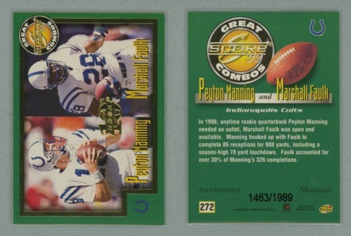 1999 Score # 272 PEYTON MANNING and MARSHALL FAULK Great Combos #d 1463 of 1989 -- MINT