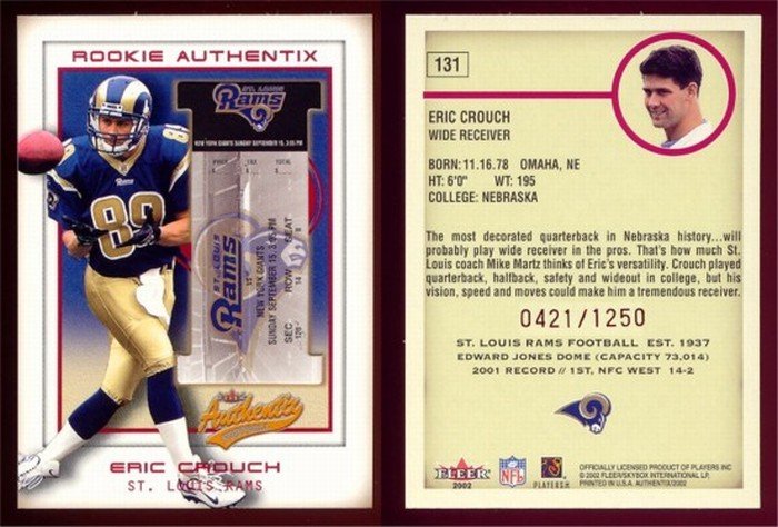 2002 Fleer Rookie Authentix # 131 ERIC CROUCH RC #d 0421 of 1250 -- MINT