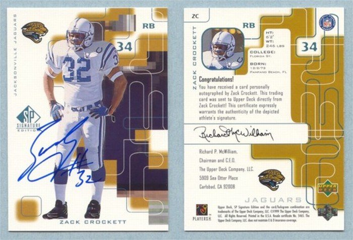 1999 SP Signature Autographs # ZC ZACK CROCKETT Jaguars -- MINT