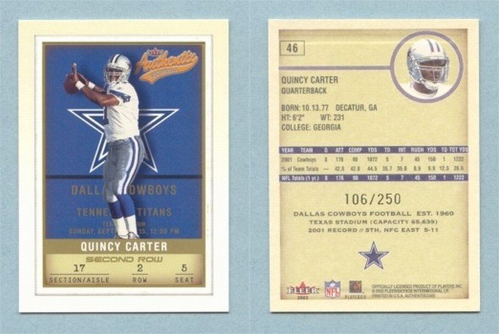 2002 Fleer Authentix Second Row # 46 QUINCY CARTER #d 106 of 250 -- MINT