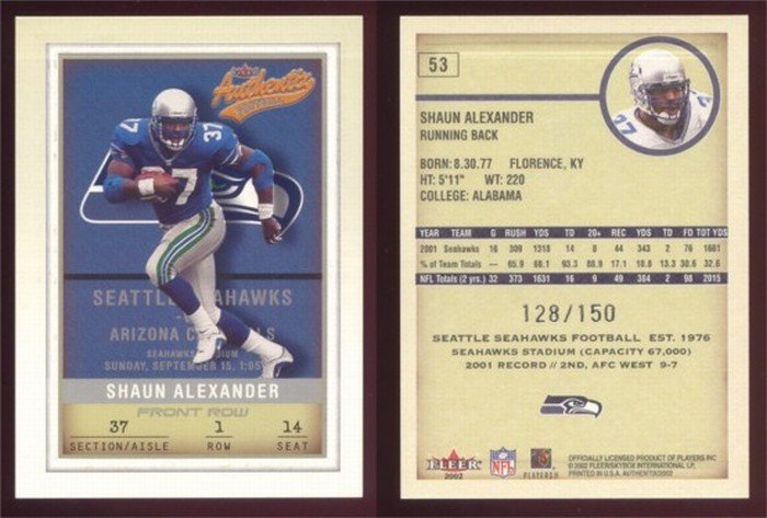 2002 Fleer Authentix # 53 SHAUN ALEXANDER #d 128 of 150 -- MINT