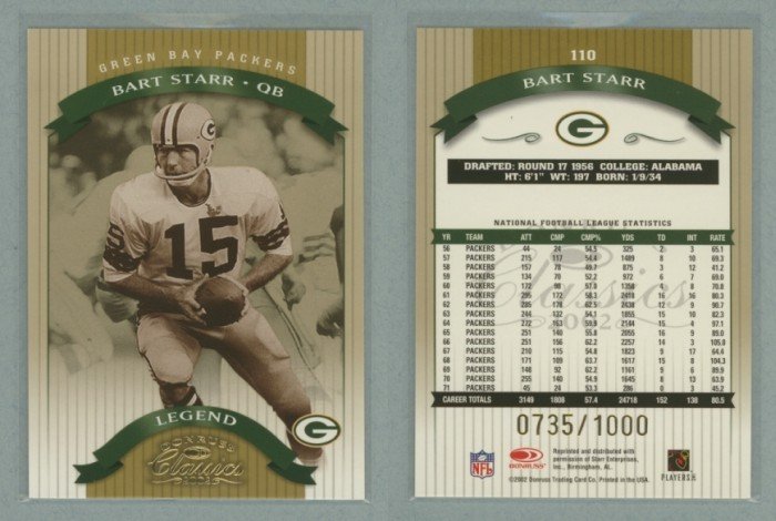 2002 Donruss Classics # 110 BART STARR #d 0735 of 1000