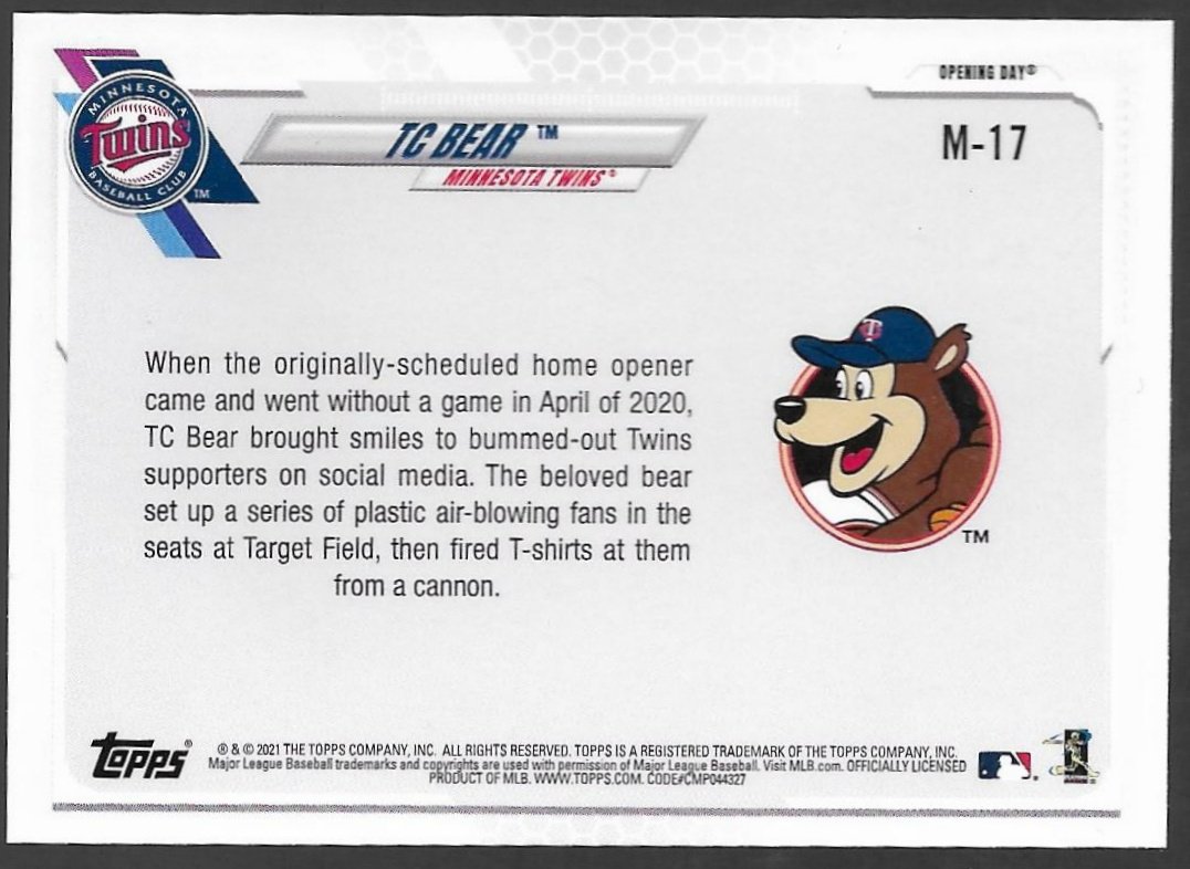 Topps Opening Day Mascots Baseball Card M Tc Bear Minnesota Twins