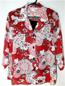 GLORIA LANCE WOMEN'S PLUS SZ 1X 2-IN-1 BLOUSE RED-BLACK-WHITE FLORAL NWOT