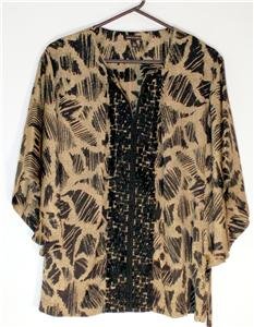 WOMEN'S SIZE LARGE BLACK & TAN KIMONO INSPIRED BLOUSE by DANA BUCHMAN V-NECK