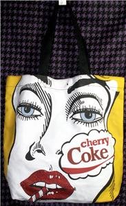 LARGE COCA-COLA TOTE BAG POP ART HUMOROUS CHERRY COKE BLACK/YELLOW/RED NWT!