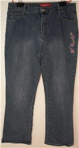 COSMOPOLITAN WOMENS SIZE 20 STRETCH BLUE JEANS EMBROIDERED FLOWERS & RHINESTONES