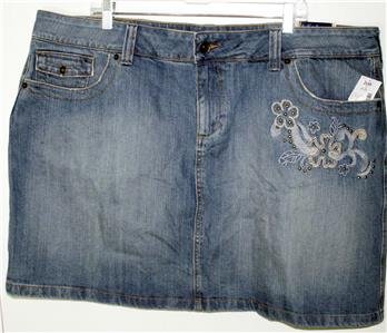 L.A. BLUES BLUE JEAN DENIM SKIRT SIZE 26W STRETCH 5-POCKET FLORAL DESIGN NWT