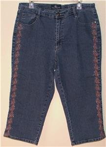 "JEAN BAY" BLUE DENIM CAPRI PANTS SIZE 16W FLORAL EMBROIDERY & RHINESTONES