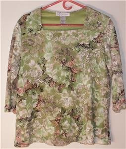 DRESSBARN WOMENS PLUS SIZE 1X TOP FLORAL LACE OUTER, OPAQUE LIME GREEN LINING
