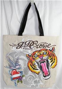 LARGE TAN/BEIGE TIGER ROCKIN' TATTOO DESIGN TOTE BAG/SHOPPING TOTE JD CROWE NWT