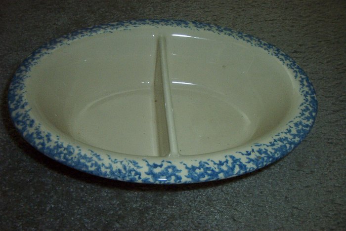 Gerald E Henn Workshops blue sponged 12" oval divided bowl