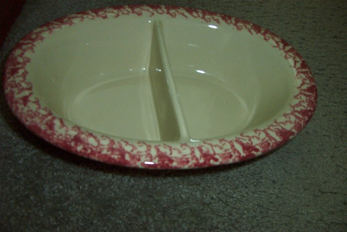 Gerald E Henn Workshops cranberry sponged 12" oval divided bowl