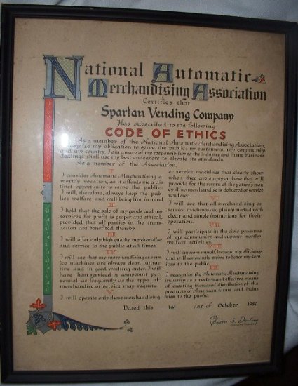 Vintage Advertising Document Code Of Ethics Spartan Vending Co 1957