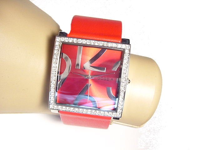 GOSSIP Red Silvertone Square Case Watch
