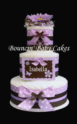 Personalized (Lavender and Brown) Baby Diaper Cake Centerpiece