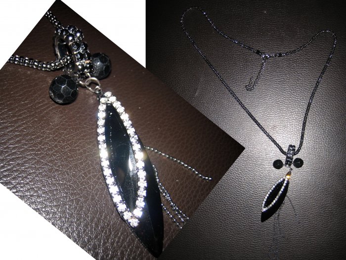 Interlocking Ring Multi Charm Lariat Crystal Marquise Stone Pendant Necklace-Black (FREE Shipping)