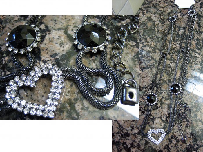 Mini Lock Charm Crystal Heart Round Black Stones Pendant Necklace-Gray (FREE Shipping)